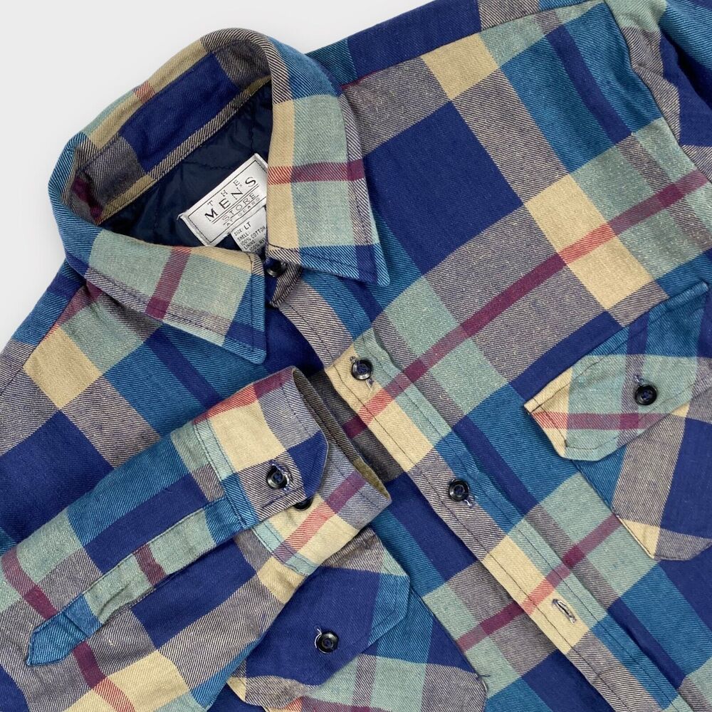 VINTAGE Sears Flannel Shirt Jacket Mens Large TALL Quilted Plaid Twill Shacket